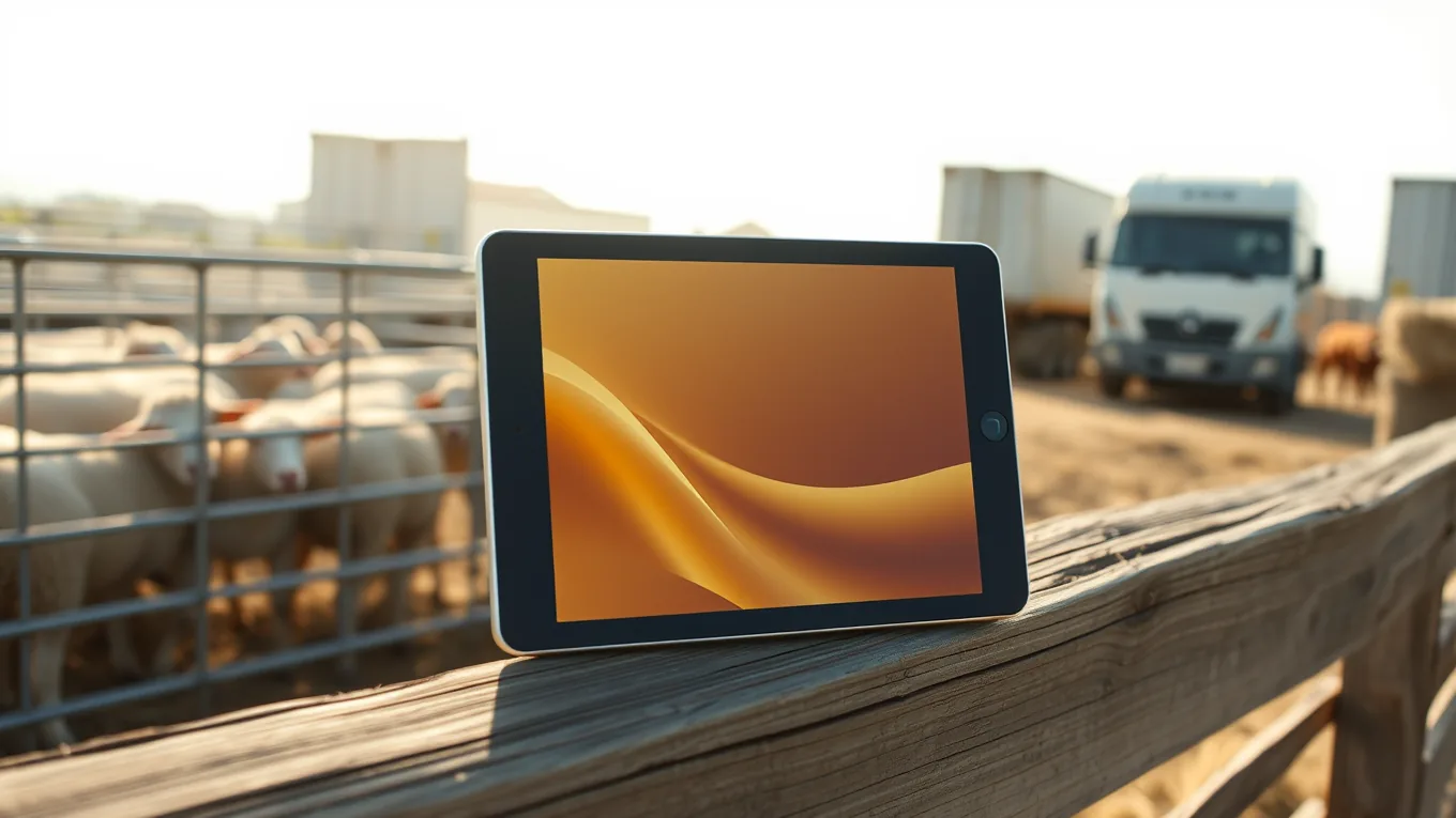 Hayvan pazarında çit tahtasına dayalı tablet, ekranda soyut altın çizgiler; arkada ağıllarda koyun ve sığırlar