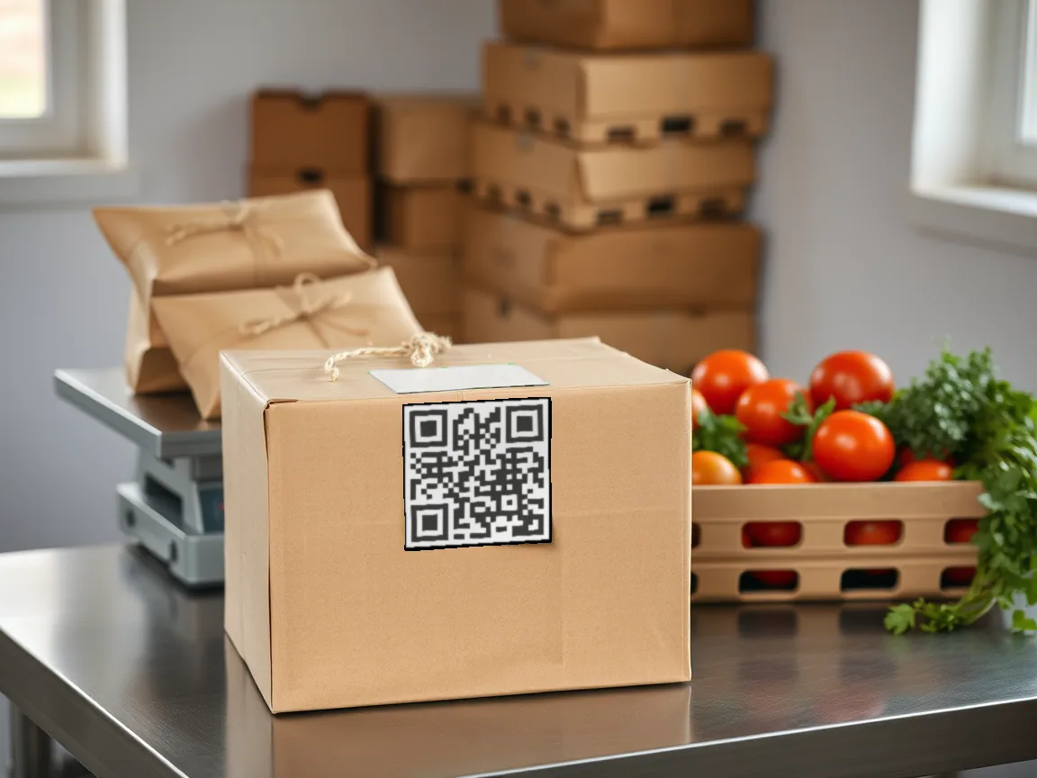 Çelik paketleme masasında karekodlu kraft kutu, terazide iple bağlı paketler ve domates kasası