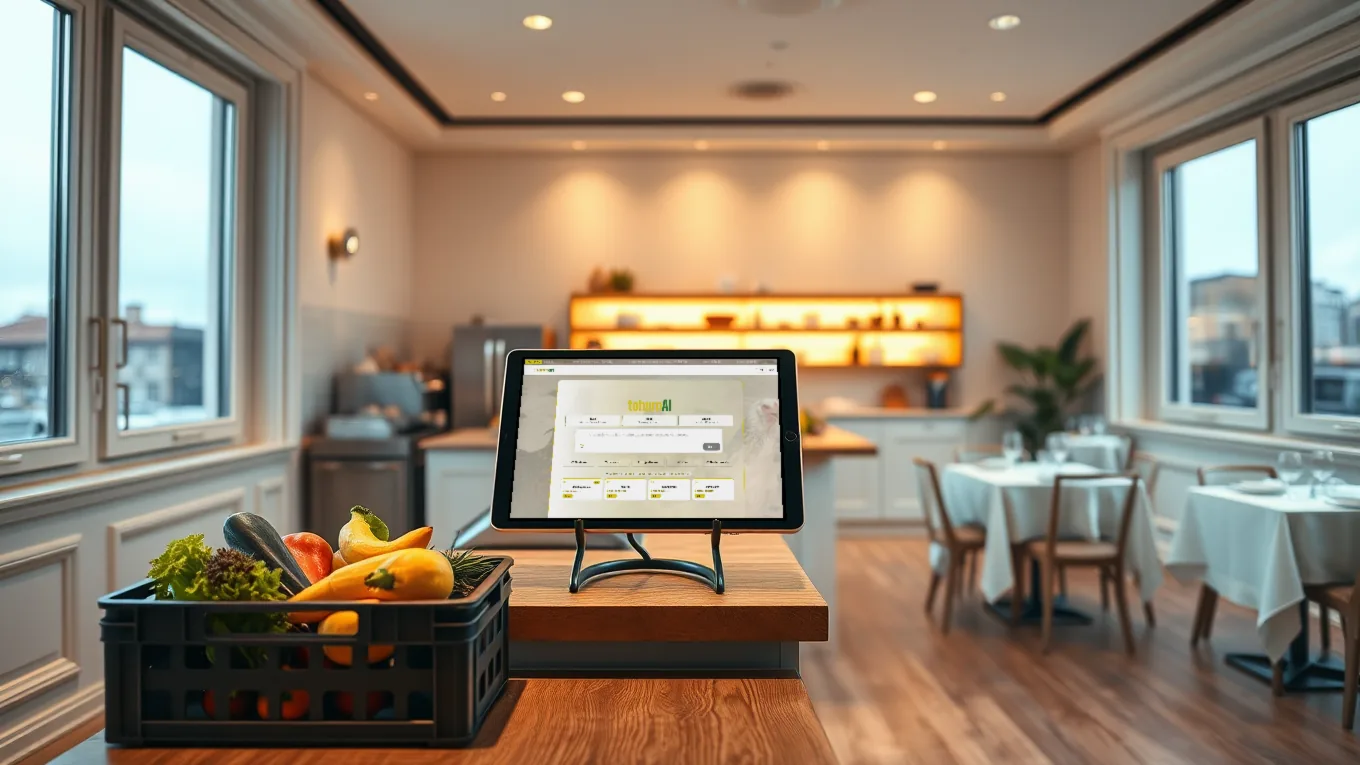 Aydınlık restoranın servis tezgâhında taze sebze kasası ve tablette TARIMART ana sayfası; arkada masalar